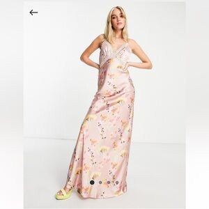 Elegant Floral Satin Maxi Skirt in Soft Pink